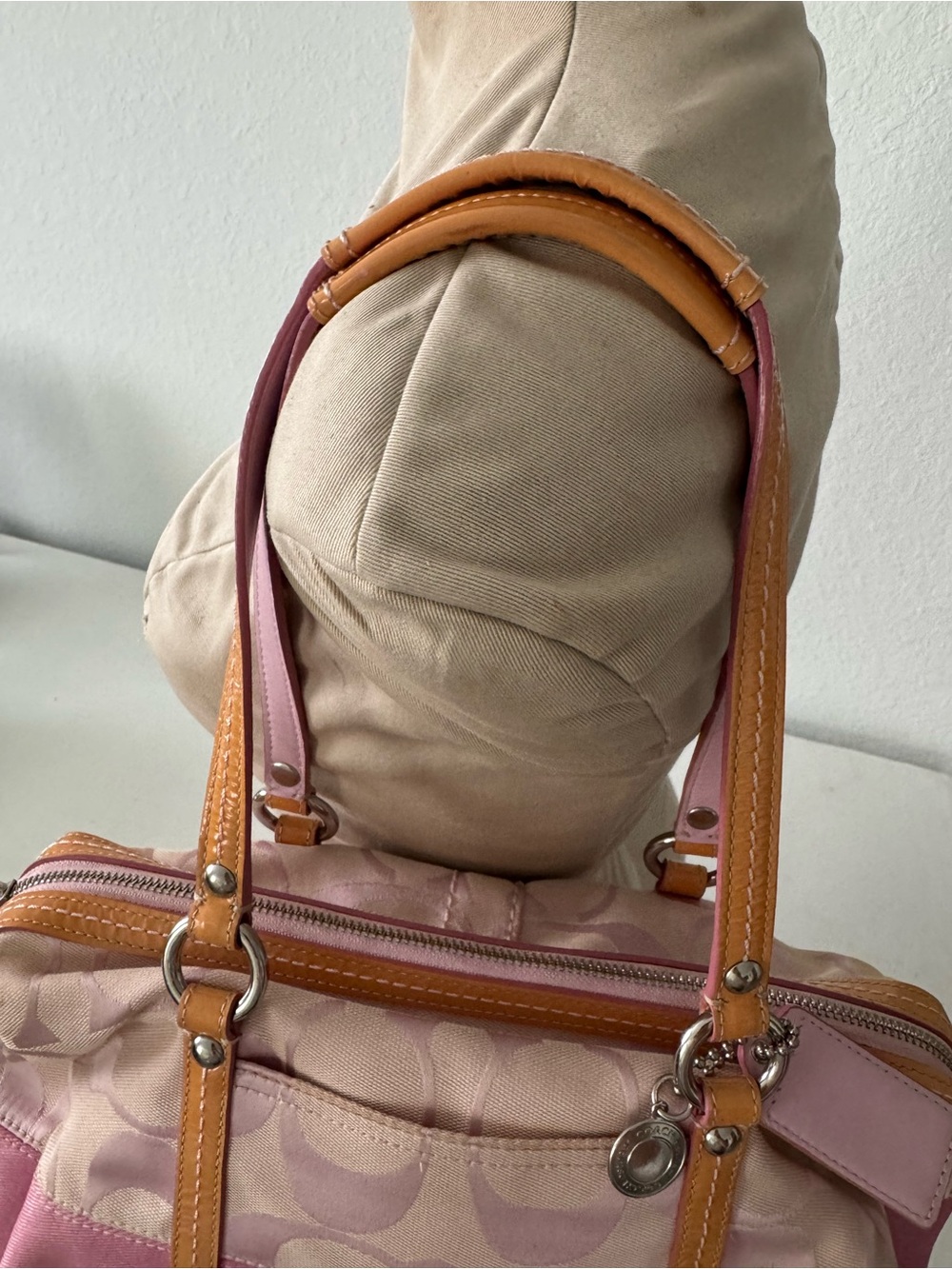 Coach Signature Stripe Boston Satchel Pink Canvas Duffle Y2K Bag F13551 - Picture 5 of 14